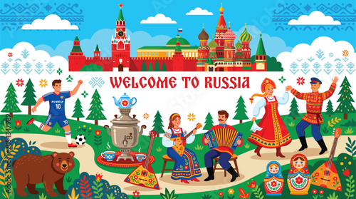 Quadro su tela Welcome to Russia vector banner design with traditional dancers, musicians, and Kremlin background