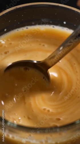A close-up of a creamy brown beverage with swirls and bubbles, a spoon partially submerged