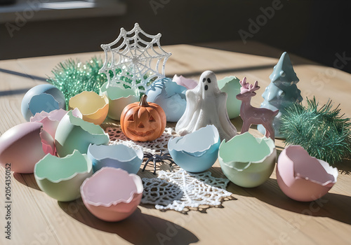 Pastel Easter eggs and Halloween decorations on a table with ghost