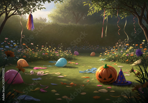 A festive Halloween celebration takes place in a vibrant garden with pumpkins, colorful decorations, and scattered leaves under trees.