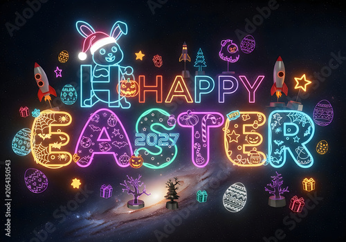 Vibrant Easter celebration with neon lights and decorations at night