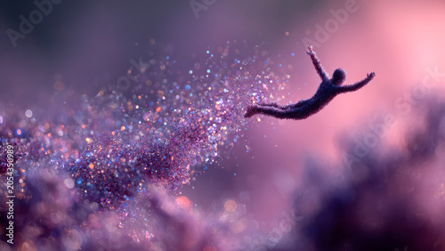 A sparkling figure flies through a vibrant, glittery void, embodying freedom and ethereal transformation.