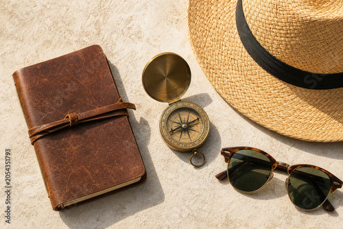 Summer Travel Essentials: Journal, Compass, Hat, Sunglasses