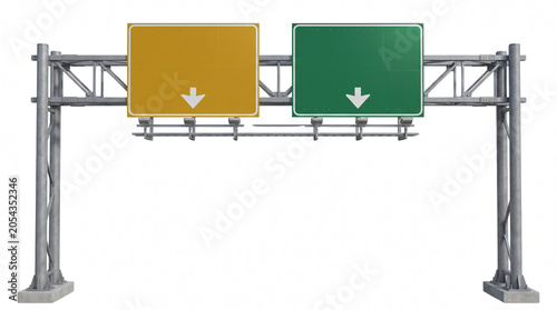 Bild auf Leinwand Blank Yellow and Green Highway Overhead Gantry Road Signs with Downward Arrows