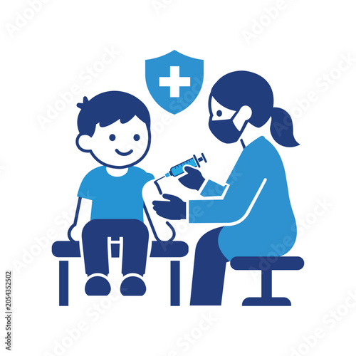 Child vaccination illustration with doctor and medical shield flat vector graphic