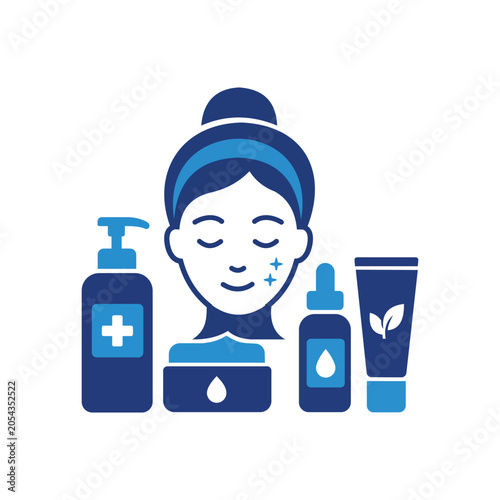 Skincare Products Icon With Facial Illustration Flat Blue Design On White
