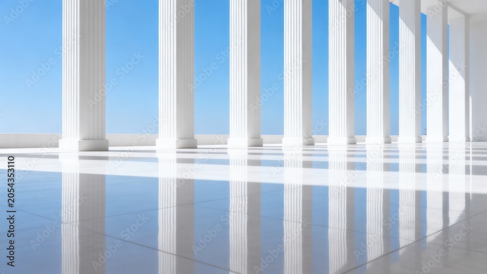 Fototapeta premium White columns and reflective floor under blue sky