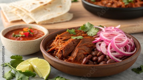 Delicious cochinita pibil served with lime, onions, beans, and tortillas in a cozy setting of Yucatan