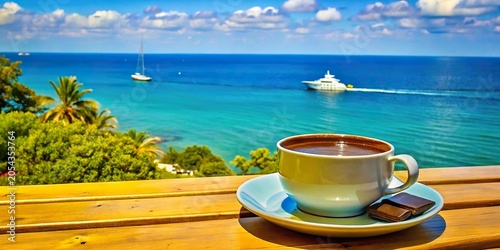 Enjoying a cup of hot coffee with chocolate on a wooden table overlooking a serene ocean landscape with yachts sailing
