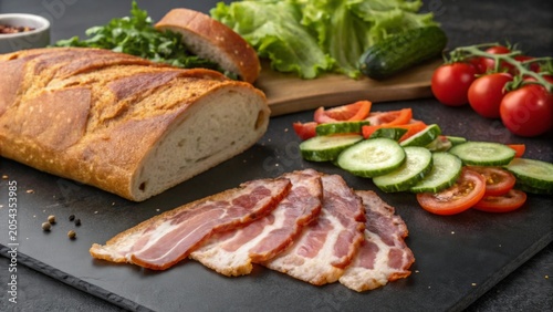Freshly sliced bacon served with crusty bread and vibrant vegetables for a satisfying meal