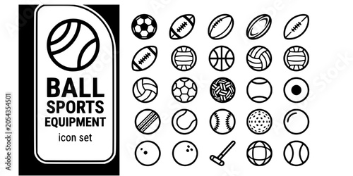 Ball Sports Equipment Bold Line Icons-Soccer Football Rugby Basketball Volleyball Water Polo Netball Handball Sepak Takraw Medicine Ball-25 Ball Equipment Icon Set Vector