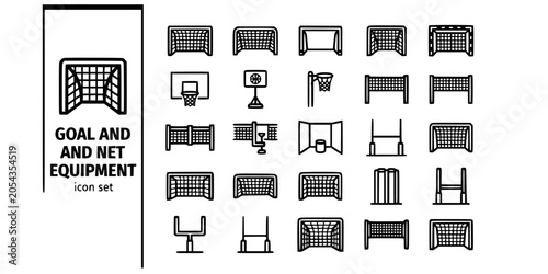 Goal Net Sports Equipment Bold Line Icons-Soccer Goal Hockey Goal Basketball Hoop Volleyball Net Tennis Net Handball Netball Post Rugby-25 Goal Equipment Icon Set Vector
