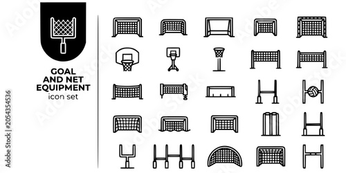 Goal Net Sports Equipment Bold Line Icons-Soccer Goal Hockey Goal Basketball Hoop Volleyball Net Tennis Net Handball Netball Post Rugby-25 Goal Equipment Icon Set Vector