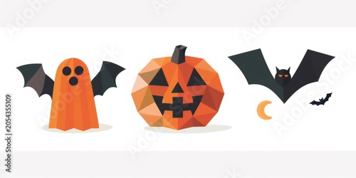 Halloween low poly characters including ghost, pumpkin, flying bats