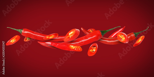 Φωτογραφία Chili peppers in air against red background. Banner design