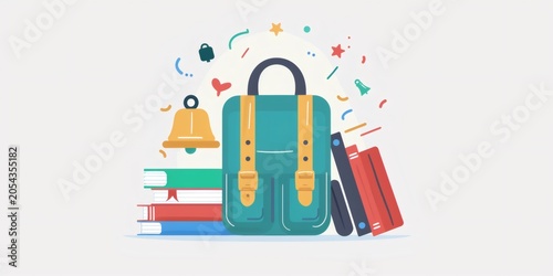 Backpack with books, bell, and confetti for education concept