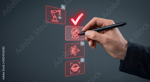 Engineer hand checking quality control icon on virtual screen with robotic arm and neural network.