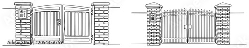 Driveway gate with brick pillars set continuous line drawing, minimalist house entrance portal fence one line art vector