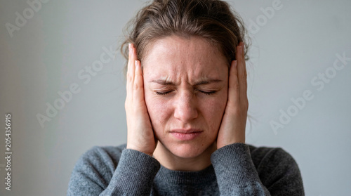 Woman covering ears with hands, eyes closed, grimacing from loud noise or discomfort