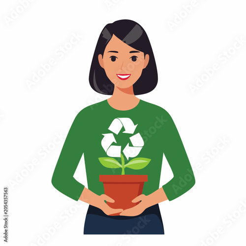 Woman holding a potted plant with recycling symbol