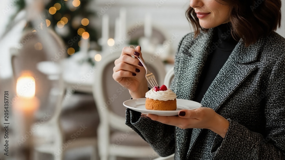 Fototapeta premium Stylish woman eating raspberry cake in restaurant. Close-up of person enjoying sweet dessert during Christmas holidays. Cozy festive atmosphere with bokeh lights