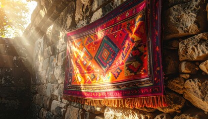Brightly Colored Woven Tapestry Adorned with Intricate Geometric Patterns Hangs Against a Rustic Stone Wall