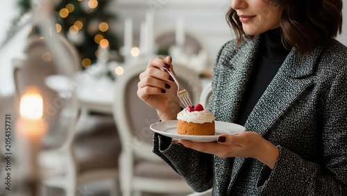 Stylish woman eating raspberry cake in restaurant. Close-up of person enjoying sweet dessert during Christmas holidays. Cozy festive atmosphere with bokeh lights