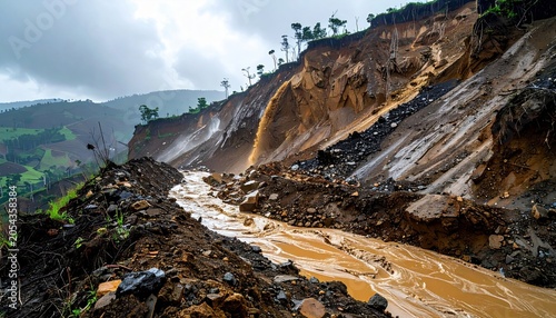 Massive landslide with a powerful mud and rock flow cascading down a steep mountainside during a cloudy day.