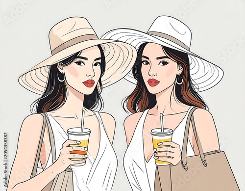 Two stylish young women, sporting wide-brimmed hats and holding beverages, ready for a sunny day with tote bags