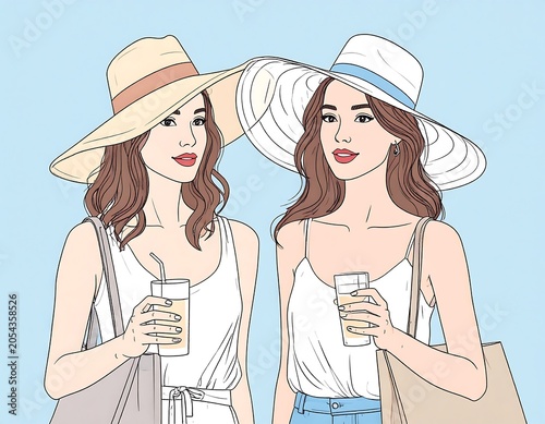 Two stylish young women, sporting wide-brimmed hats and summer attire, holding drinks and tote bags. They are in a cartoon style