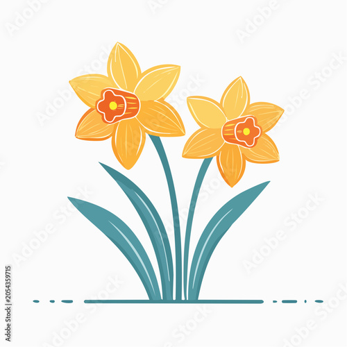 Illustration of two yellow daffodils with green leaves