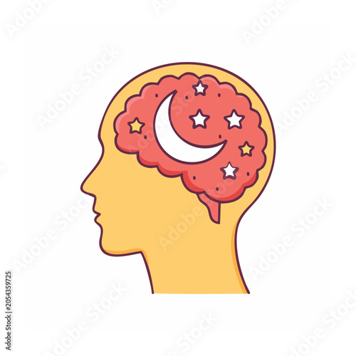 Pink cartoon brain with thought bubble and stars