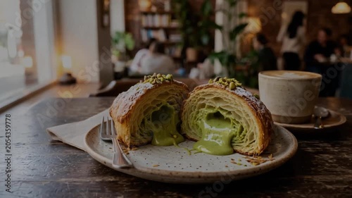 Matcha croissant sliced open on a wooden table in a cozy cafe  