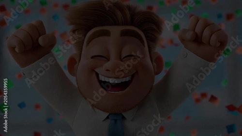 Animated businessman celebrating with raised fists and cheerful expression  