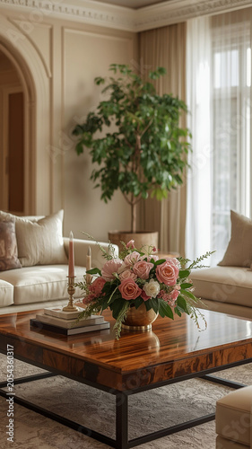 A beautiful cozy living room with a large potted plant, a wooden coffee table adorned with a bouquet of pink roses, and soft beige sofas