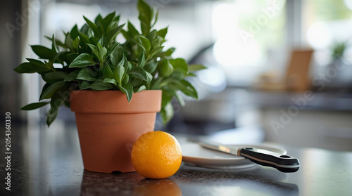 A potted green plant sits on a kitchen countertop next to an orange and a knife