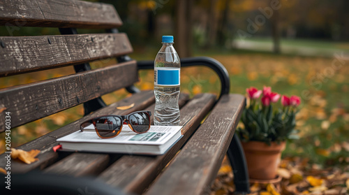 A wooden park bench with sunglasses, a water bottle, and a book. Nearby, a flower pot with blooming flowers.