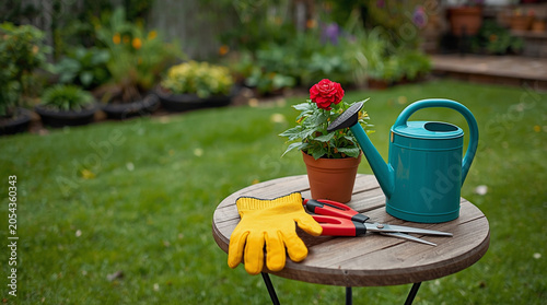 A garden scene featuring a potted red flower, a turquoise watering can, yellow gardening gloves, and pruning shears on a wooden table