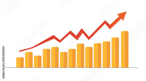 A simple graphic showing a rising bar chart with orange bars and a red line graph indicating growth.