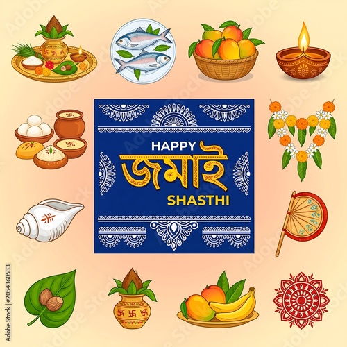 Traditional offerings for celebrating a joyful jamai shashti festival with vibrant illustrations