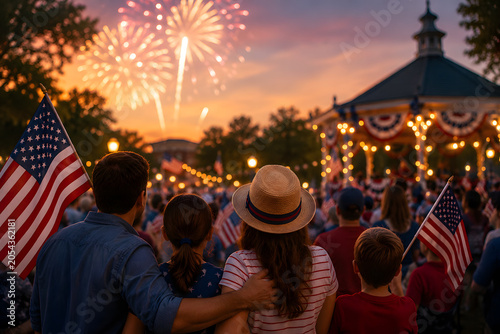 American Family Celebrating Independence Day Fireworks at Patriotic Community Festival
