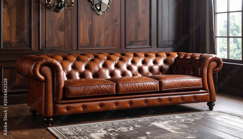 Fototapeta premium A luxurious brown curved leather Chesterfield sofa with button tufting, set against a dark wood paneled wall and patterned rug.
