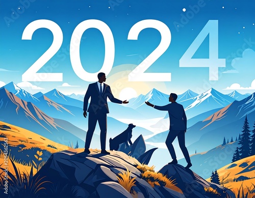 Two suited figures stand atop a mountain, reaching out. A dog stands between them with a 2024 backdrop, bright skies