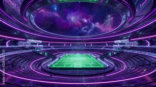 Futuristic soccer stadium in deep space, sci-fi football arena with neon purple lights, cosmic sports field background for gaming and esports