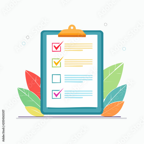 Clipboard with checklist and checkmarks, surrounded by leaves
