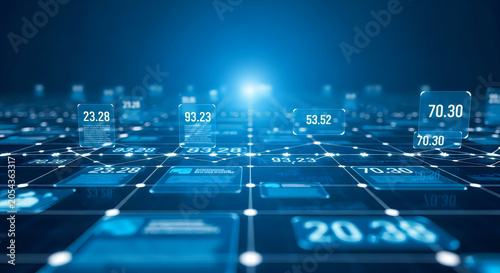 Digital blue data visualization interface showing complex financial statistics and network connections floating over a dark glowing abstract tech grid