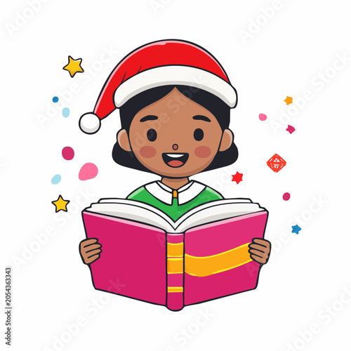 Cute Girl in Santa Hat Reading a Book