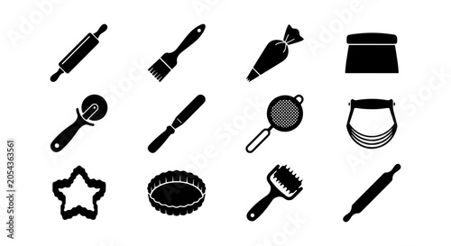 Fotografie Baking Tools Vector Icons Set: Rolling Pins, Pastry Brush, Piping Bag, Pizza Cut