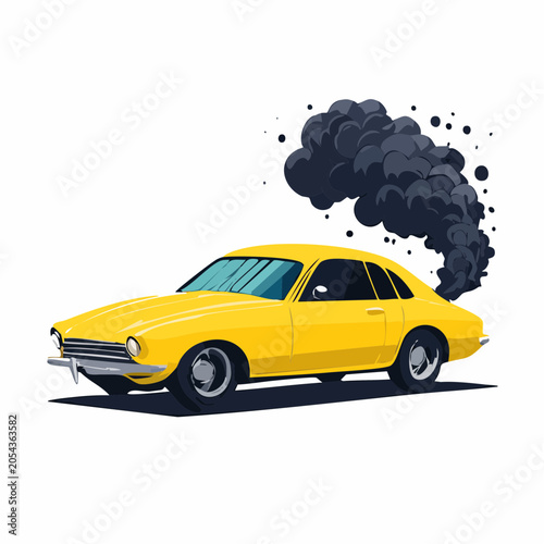 Yellow classic car emitting black smoke