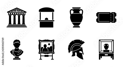 Tableau sur toile Ancient History Museum Icons: Greek Temple, Amphora, Bust, Roman Helmet, Art Dis